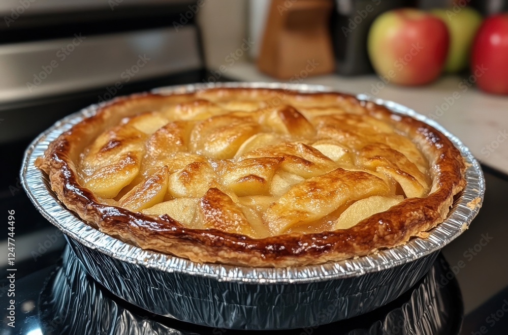 Homemade delicious apple pie in a silver pie dish sitting on a kitchen countertop with fresh apples in the background ready for dessert delight Homemade delicious apple pie in a silver pie dish sitting on a kitchen countertop with fresh apples in the background ready for dessert delight