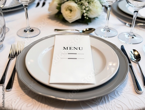 Elegant fine dining table setting with white porcelain plates, silverware, and a printed menu card on a luxurious tablecloth, decorated with fresh white flowers for a sophisticated ambiance

