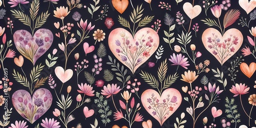 Wallpaper Mural Heart-Shaped Floral Arrangement Seamless Pattern A Delicate Watercolor Design Featuring Botanical Elements and Romantic Hearts Torontodigital.ca