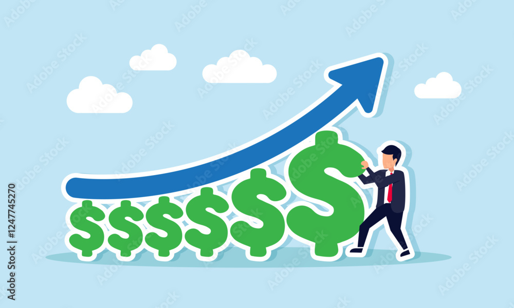 Businessman arranges a row of dollar signs to support a rising blue chart, illustration of efforts to increase business profit and revenue Businessman arranges a row of dollar signs to support a rising blue chart, illustration of efforts to increase business profit and revenue
