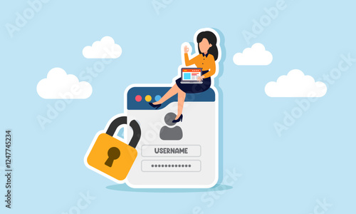 Businesswoman with a laptop sits on a sealed login screen, illustration of protecting company data confidentiality