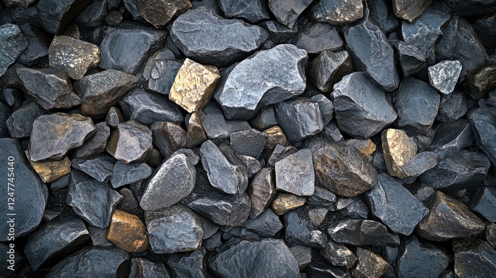 Dark grey and gold stones, ground texture, rocky surface, background, construction Dark grey and gold stones, ground texture, rocky surface, background, construction