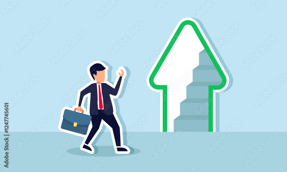Businessman intends to enter a stairway door shaped like an upward arrow, illustration of opportunities for business growth and development