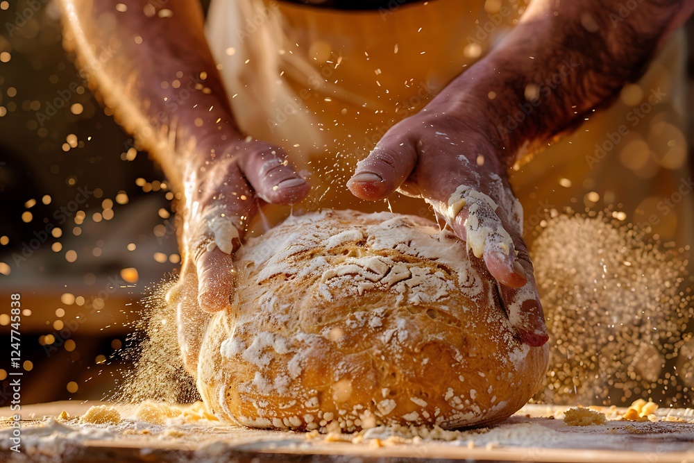 Fototapeta premium Closeup of hands breaking freshly baked bread