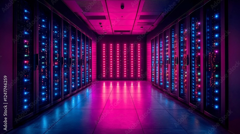 Fototapeta premium Exploring the Neon-Lit Heart of a Modern Data Center: A Glimpse into the Digital Age