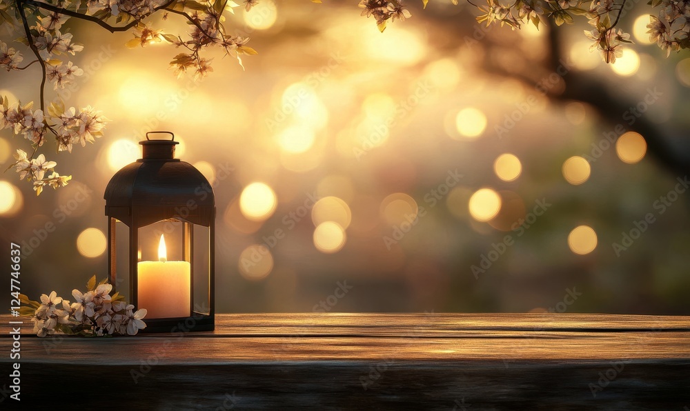 Lit candle in lantern on wooden table with spring blossoms and bokeh background. Lit candle in lantern on wooden table with spring blossoms and bokeh background.