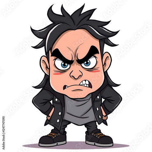 Angry Cartoon Character:  A cartoon character with a furious expression,  stands with arms akimbo, glaring fiercely with narrowed eyes. The character is dressed in dark clothing.