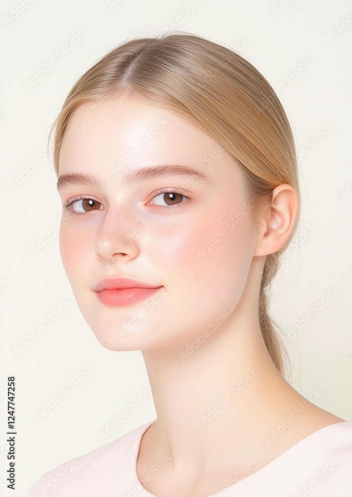 Fototapeta premium Fresh and Radiant Beauty Portrait of a Blonde Woman with Glossy Skin
