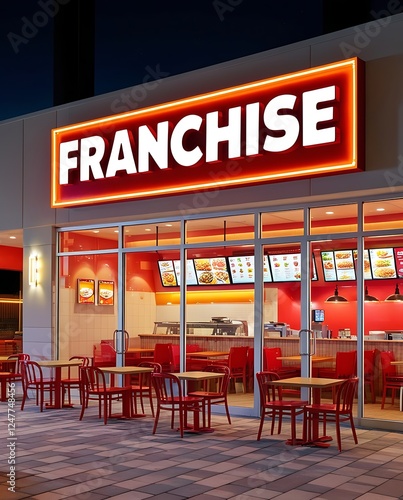 Modern fast food franchise restaurant exterior at night with illuminated signage, outdoor seating, and glass storefront, representing brand identity, business growth, and hospitality

