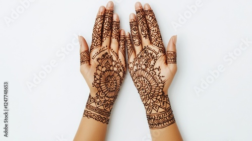 Close-up of intricately henna-decorated hands against a white background.