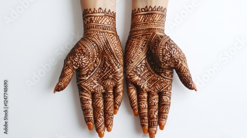 Close-up of intricately designed henna on both hands, palms up, against a white background.