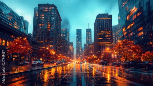 City street scene with cars and buildings on a rainy night