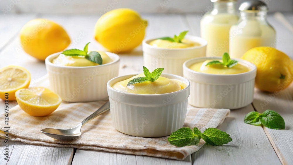 Delightful Lemon Dessert in Small White Bowls with Fresh Mint Garnish Delightful Lemon Dessert in Small White Bowls with Fresh Mint Garnish