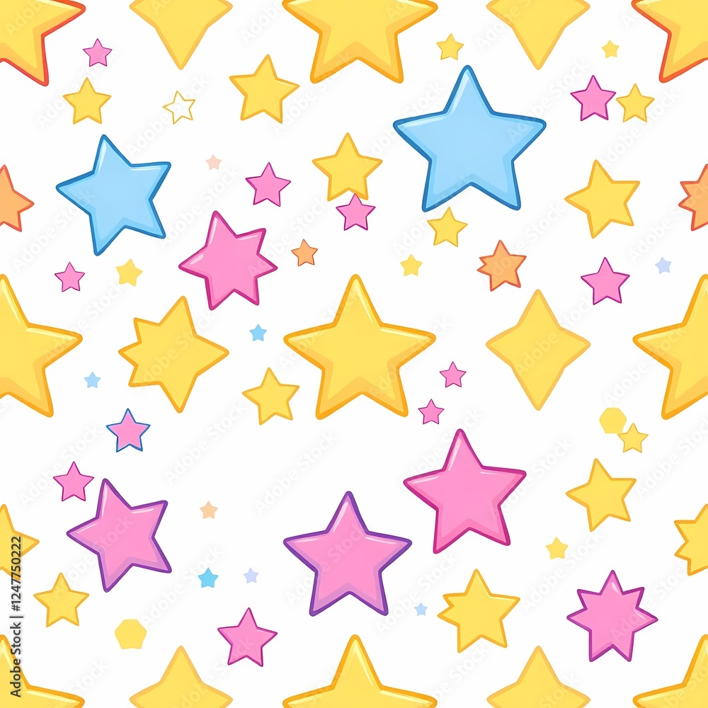 Colorful Starry Sky Seamless Pattern: A cheerful and whimsical seamless pattern featuring colorful stars of various sizes, perfect for backgrounds, textiles, and children's projects. Colorful Starry Sky Seamless Pattern: A cheerful and whimsical seamless pattern featuring colorful stars of various sizes, perfect for backgrounds, textiles, and children's projects.