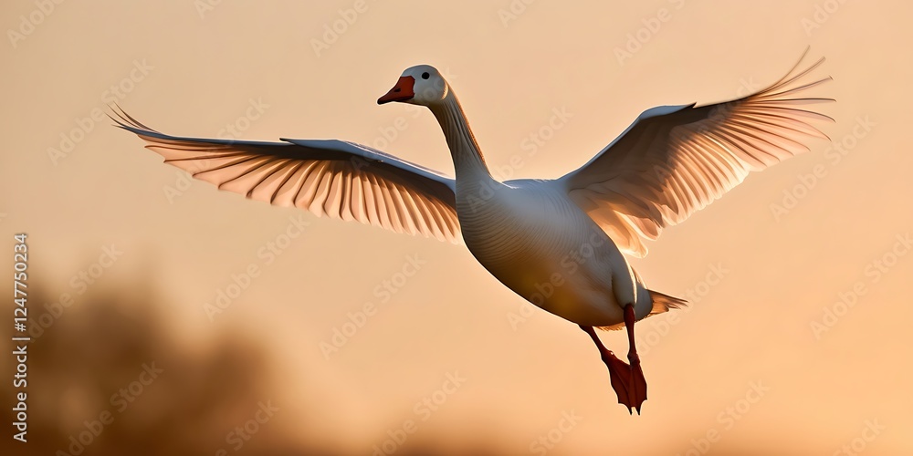 Fototapeta premium Elegant white swan in mid-flight against a warm golden sunset sky. The bird's wings are fully extended, capturing the beauty and grace of nature in motion. Perfect for backgrounds and wildlife themes 