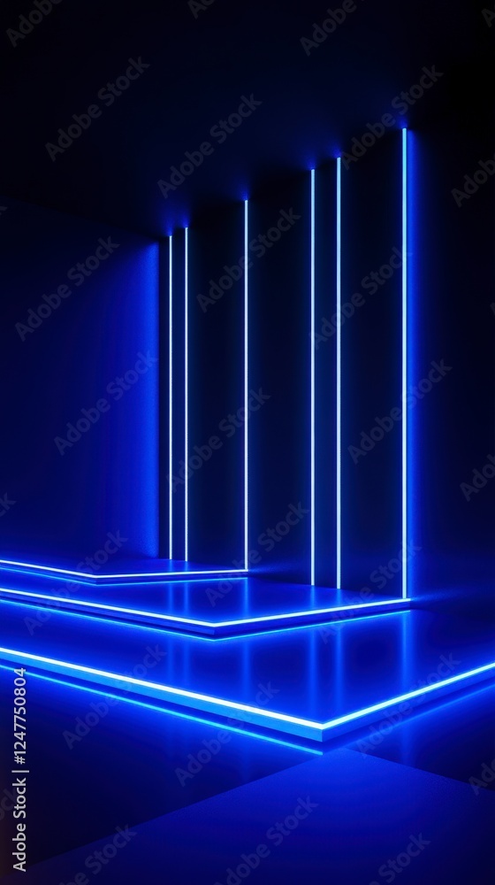 Naklejka premium Blue Neon Light Lines in a Dark Room Creating a Futuristic Atmosphere