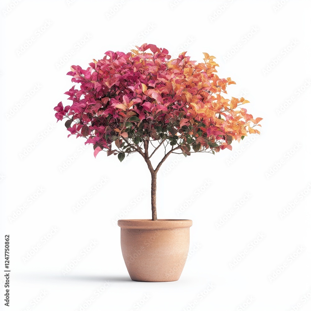 Front view of a vibrant potted tree with colorful leaves showcases shades of pink and orange, adding a cheerful touch to any space. Front view of a vibrant potted tree with colorful leaves showcases shades of pink and orange, adding a cheerful touch to any space.