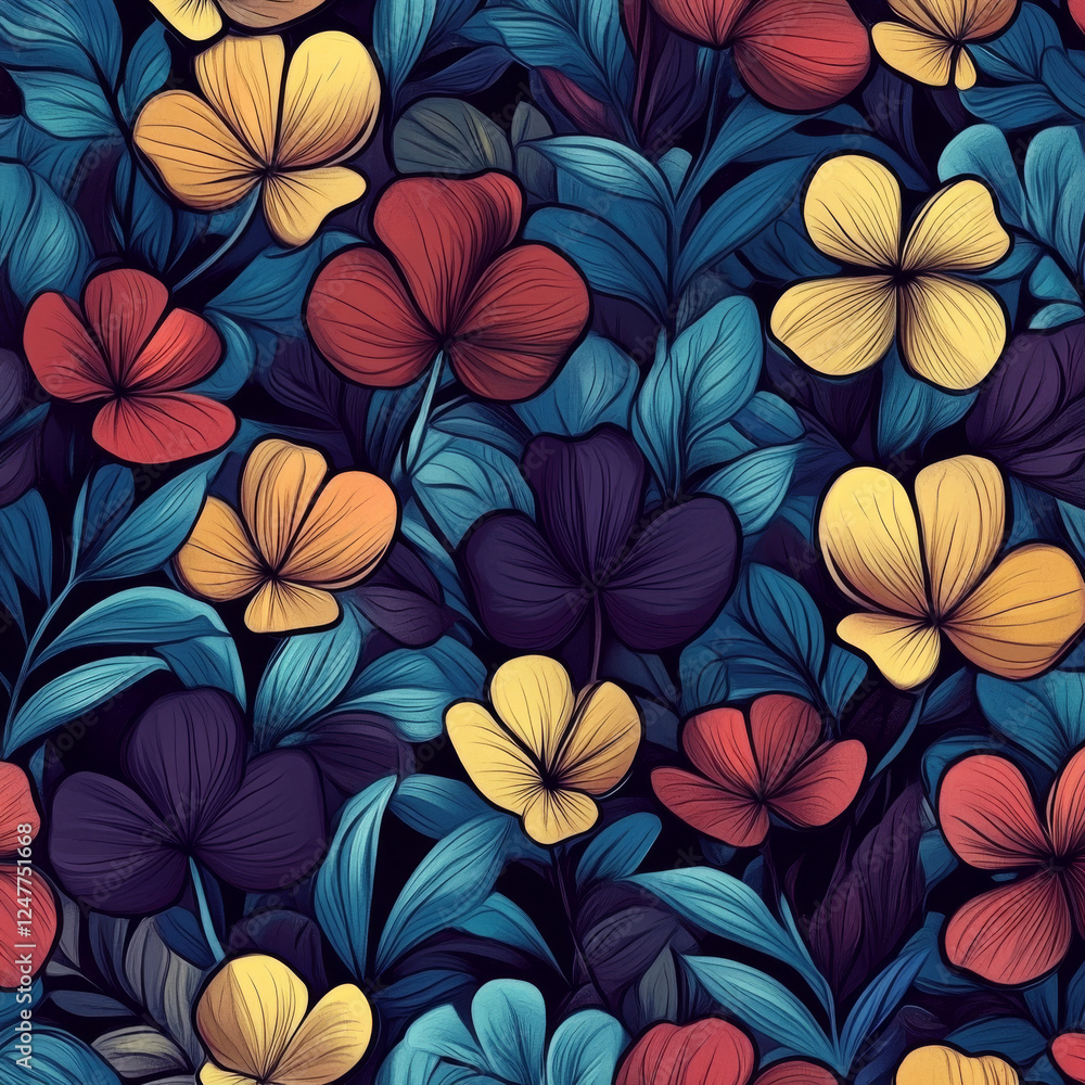 Naklejka premium Colorful floral pattern with vibrant leaves
