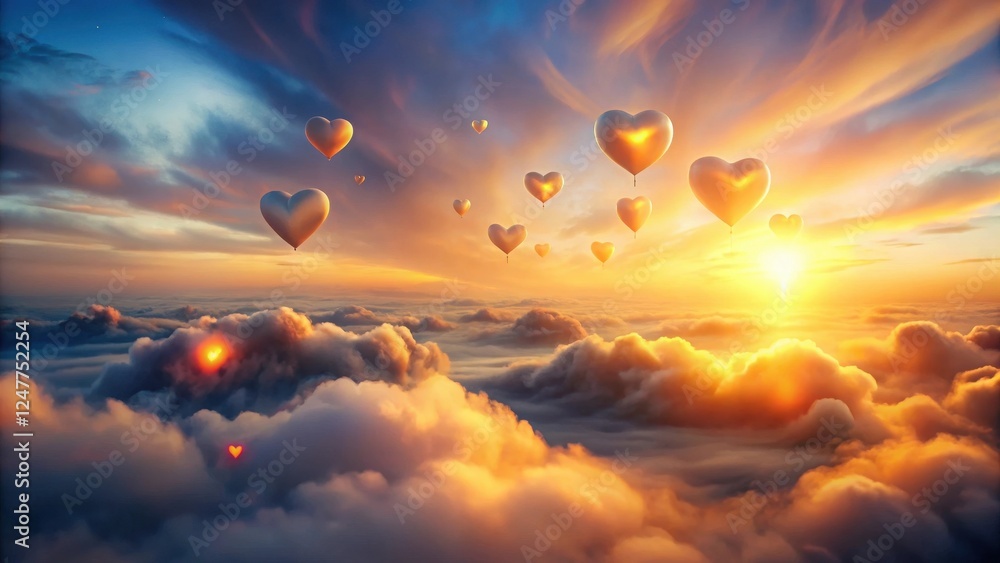 Heart-shaped balloons ascend through a breathtaking sunset sky, floating serenely above a boundless sea of clouds Heart-shaped balloons ascend through a breathtaking sunset sky, floating serenely above a boundless sea of clouds
