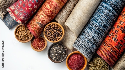 Rolled rugs and bowls of various spices arranged on a white background.