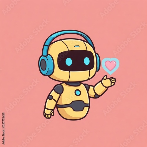 A chibi-style AI assistant robot wearing a headset, showing a holographic heart above its hand. Vector sticker art with a flat design, solid pastel pink background.