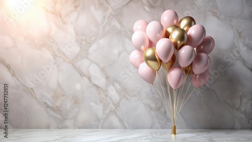 Wallpaper Mural A cluster of pink and gold balloons arranged against a marbled backdrop, creating a festive and elegant scene. Torontodigital.ca