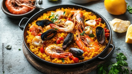 Delicious Seafood Paella Dish Served with Fresh Lemon Slices on Table