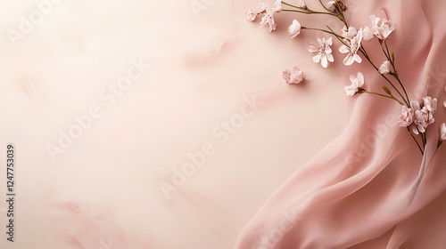 Delicate pink flowers on blush fabric background