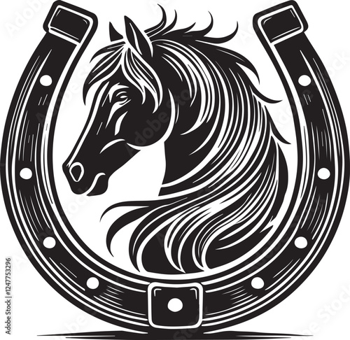 horse head silhouette, black Horse head logo, horse head illustration, Horse head in horseshoe silhouette vector black and white