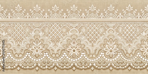 Elegant Cream-Colored Lace Border with Intricate Floral Design and Beaded Accents on a Textured Background