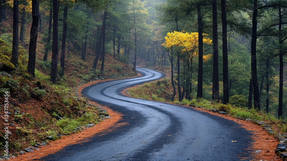 Fototapeta premium Serene Winding Road Through Autumnal Forest
