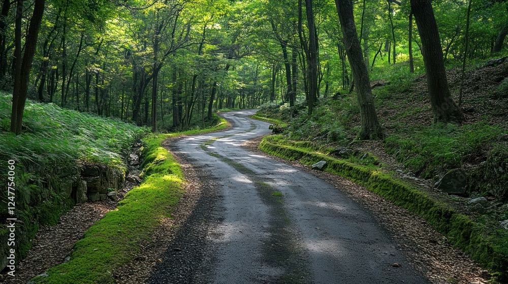 Serene Winding Road Through Lush Green Forest Serene Winding Road Through Lush Green Forest