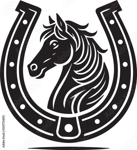 horse head silhouette, black Horse head logo, horse head illustration, Horse head in horseshoe silhouette vector black and white