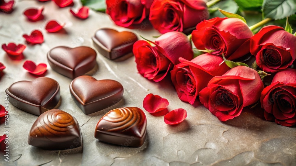 Romantic Heart-Shaped Chocolates and a Bouquet of Deep Red Roses on a Textured Surface Romantic Heart-Shaped Chocolates and a Bouquet of Deep Red Roses on a Textured Surface