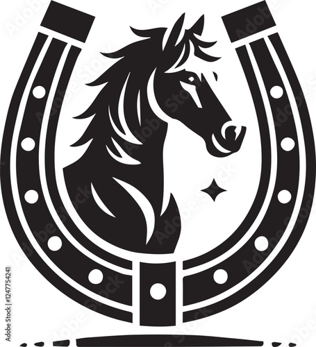 horse head silhouette, black Horse head logo, horse head illustration, Horse head in horseshoe silhouette vector black and white