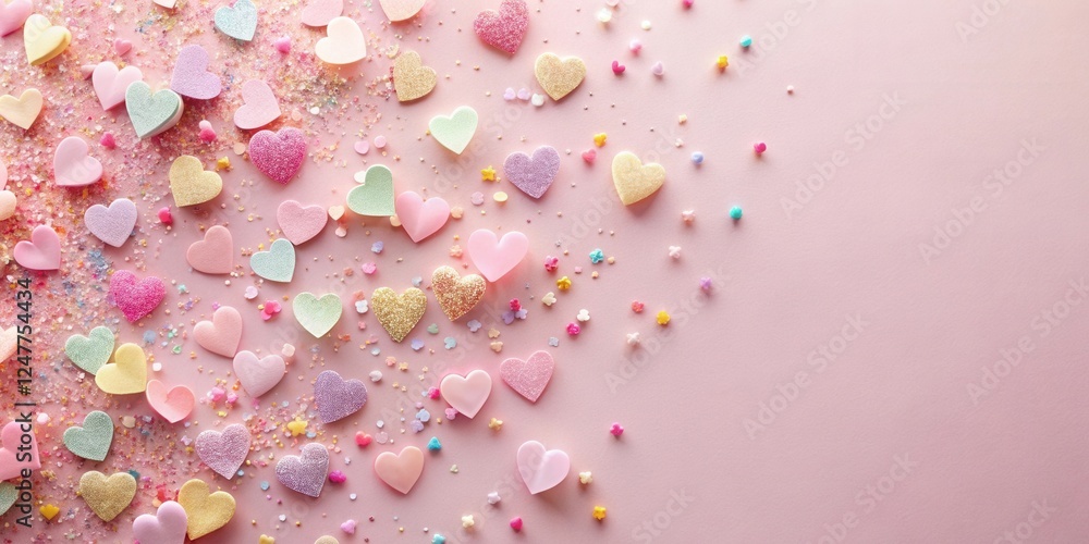 Pastel Heart-Shaped Confections and Sprinkles on Pink Background A Festive and Delightful Image for Romantic Occasions Pastel Heart-Shaped Confections and Sprinkles on Pink Background A Festive and Delightful Image for Romantic Occasions