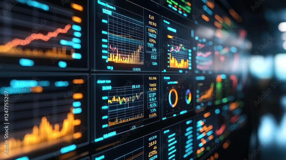 Financial data screen displays market trends; blurred background Financial data screen displays market trends; blurred background