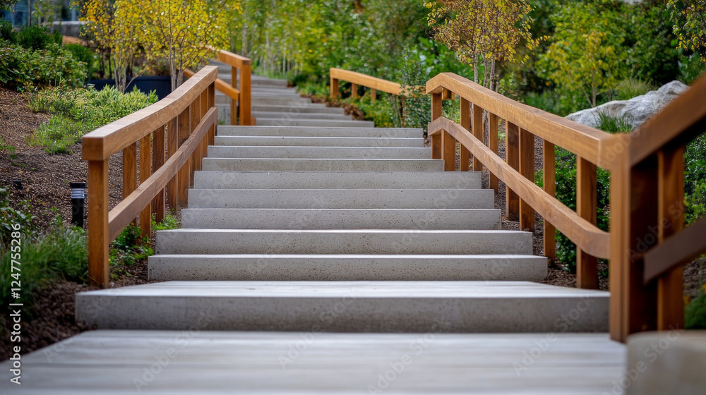A wooden staircase with a concrete railing A wooden staircase with a concrete railing