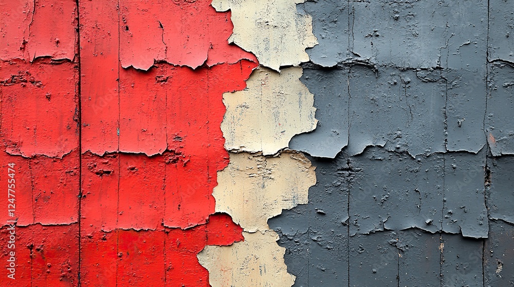 Obraz premium Closeup of red, gray, and beige painted urban wall with wrinkled glued poster template. Modern mockup for design.