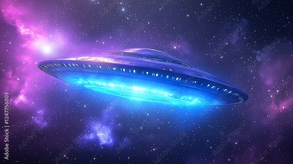 Glowing UFO spaceship flying through vibrant nebula. Glowing UFO spaceship flying through vibrant nebula.