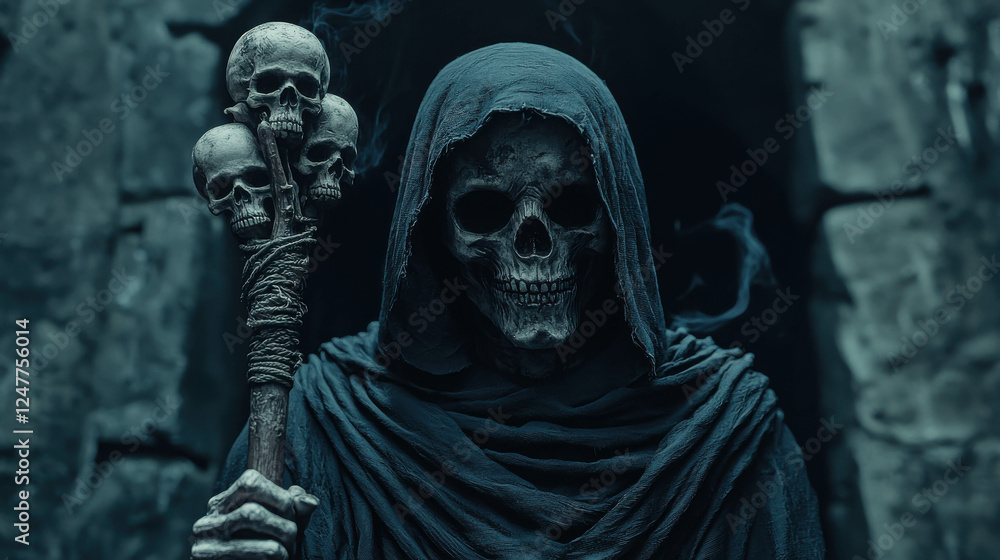Sinister Sorcerer Surrounded by Swirling Shadows and Putrescence in Dark Atmosphere Sinister Sorcerer Surrounded by Swirling Shadows and Putrescence in Dark Atmosphere