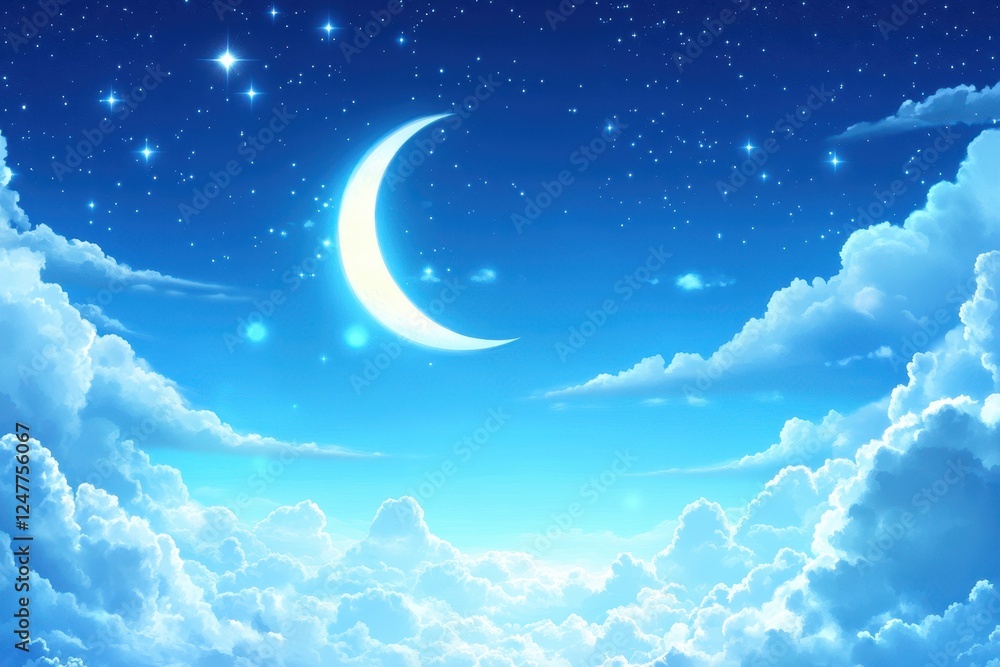 Crescent moon, stars, and clouds in a dreamy night sky. Crescent moon, stars, and clouds in a dreamy night sky.