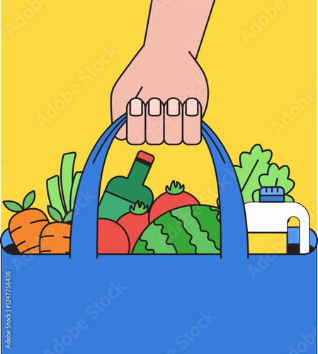 A hand holding grocery bag filled with vegetables illustration