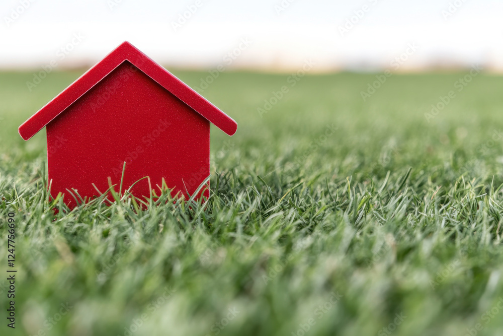 A red house is sitting on a grassy field A red house is sitting on a grassy field