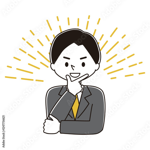 決めポーズ　スーツ姿の男性のイラスト　調子に乗る