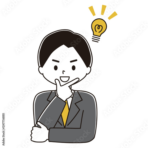 決めポーズ　スーツ姿の男性のイラスト　ひらめく
