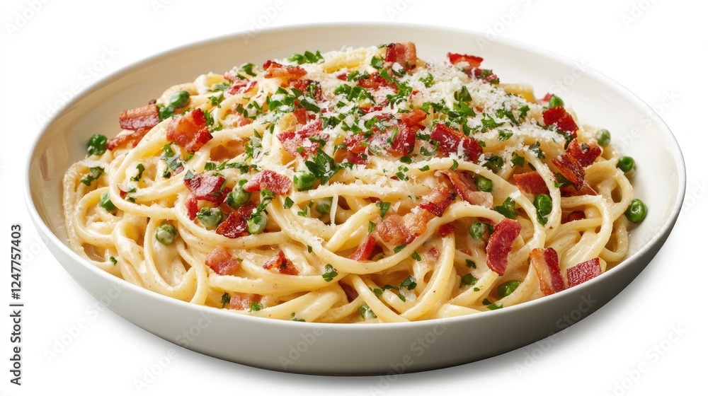 Delicious creamy pasta dish with bacon, peas, and parmesan cheese in a white bowl. Delicious creamy pasta dish with bacon, peas, and parmesan cheese in a white bowl.
