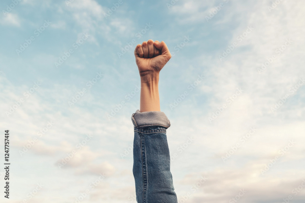 A person is holding their fist up in the air with their arm extended A person is holding their fist up in the air with their arm extended