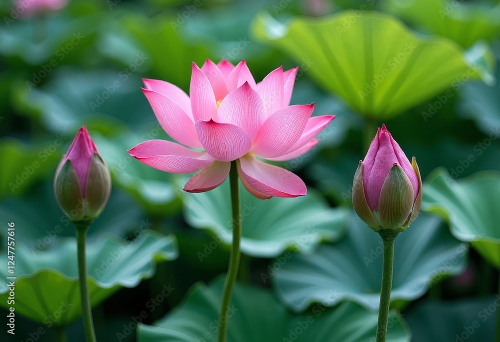 Pink Lotus Flower with Buds and Green Leaves Pink Lotus Flower with Buds and Green Leaves