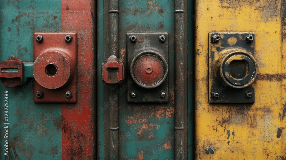 Close-up of Weathered Metal Doors with Rivets and Circular Lock Mechanisms Close-up of Weathered Metal Doors with Rivets and Circular Lock Mechanisms